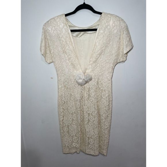 Vintage Lace Cocktail Dress Plunging V Back Union Tag -Late Edition Size 6 Ivory - Picture 2 of 6